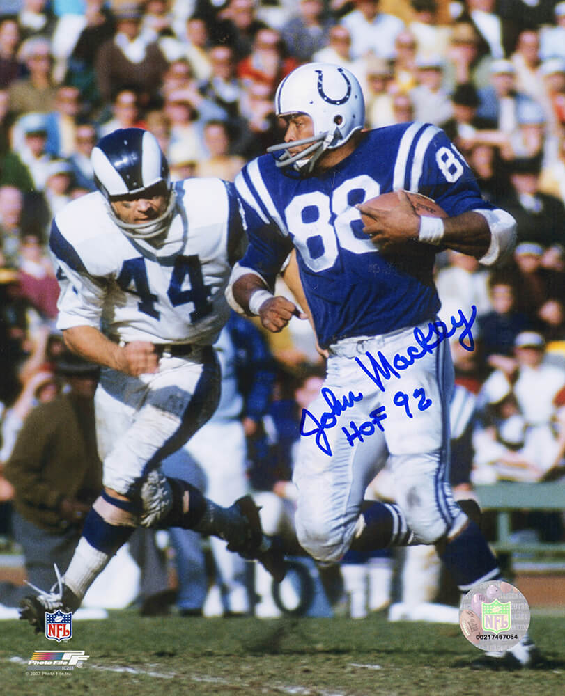 John Mackey Autographed Colts Running With Football vs Rams 8x10 Photo with HOF'92-Powers Sports Memorabilia