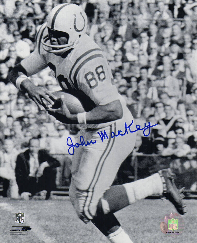 John Mackey Autographed Colts B&W With Football 8x10 Photo-Powers Sports Memorabilia