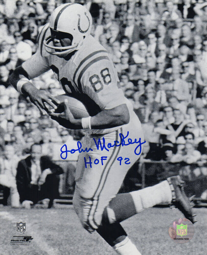 John Mackey Autographed Colts B&W With Football 8x10 Photo with HOF'92-Powers Sports Memorabilia