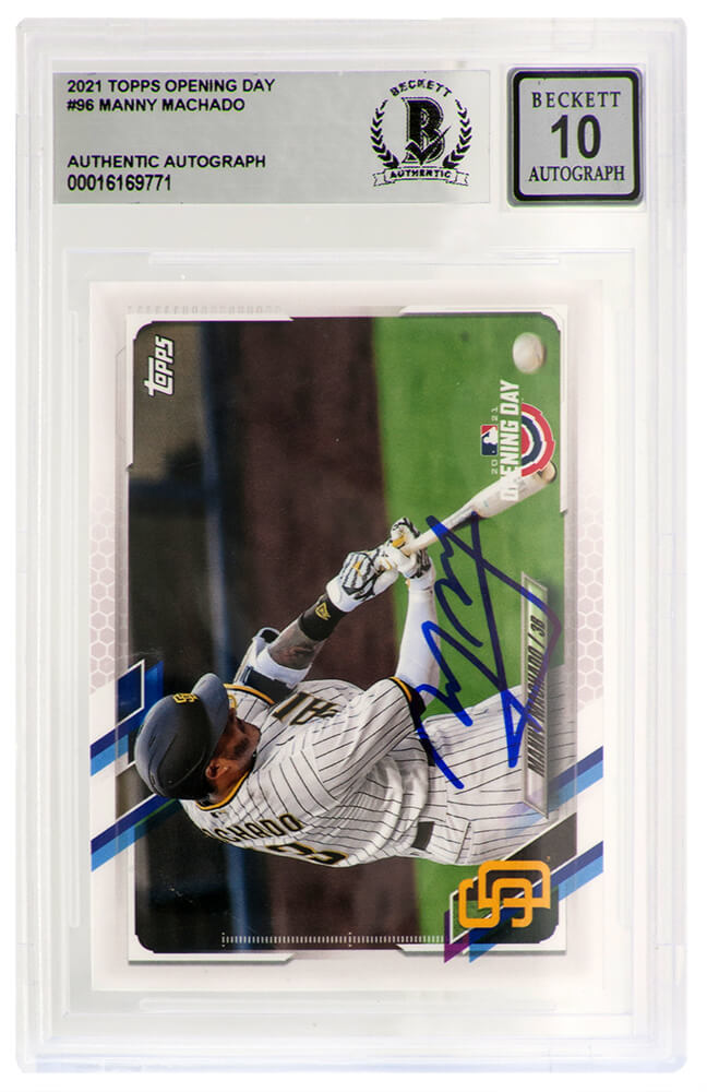 Manny Machado Autographed San Diego Padres 2021 Topps Opening Day Baseball Card #96 (Beckett / Autographed Grade 10)-Powers Sports Memorabilia