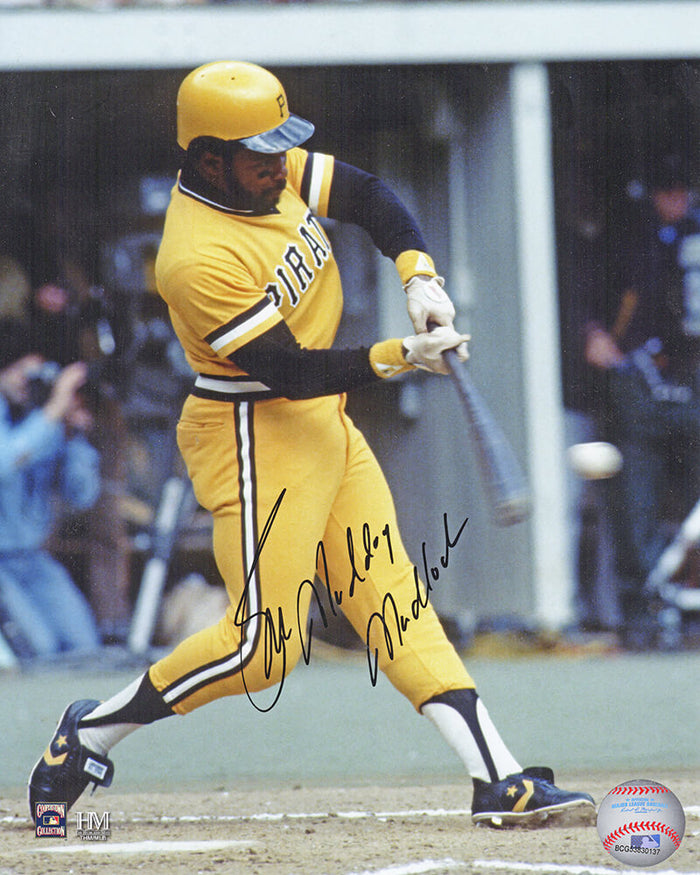 Bill Madlock Autographed Pittsburgh Pirates Action 8x10 Photo with Mad Dog-Powers Sports Memorabilia