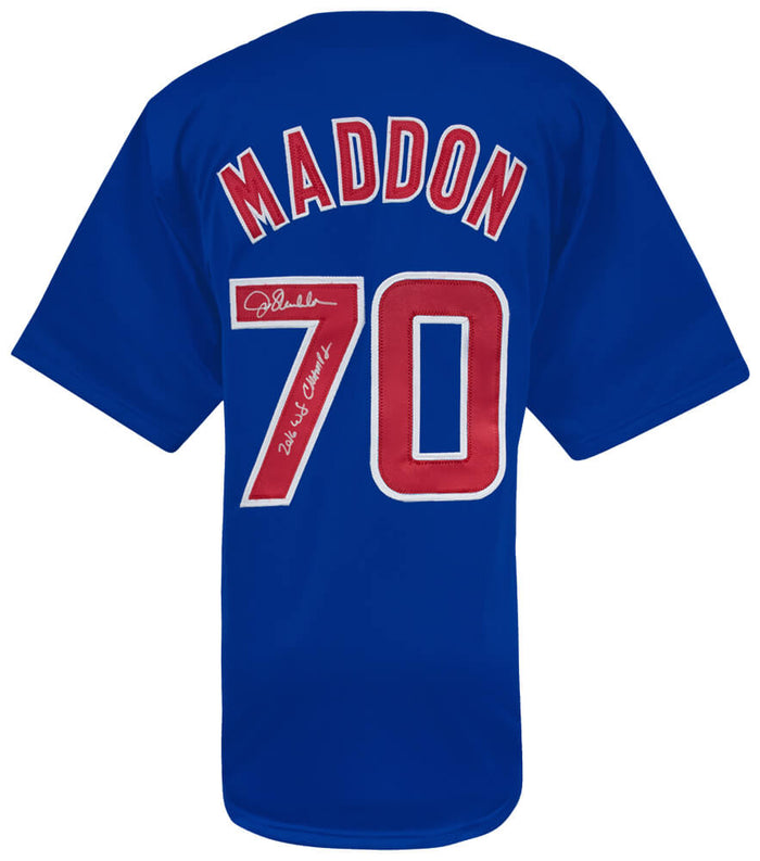 Joe Maddon Autographed Blue Custom Baseball Jersey with 2016 WS Champs-Powers Sports Memorabilia