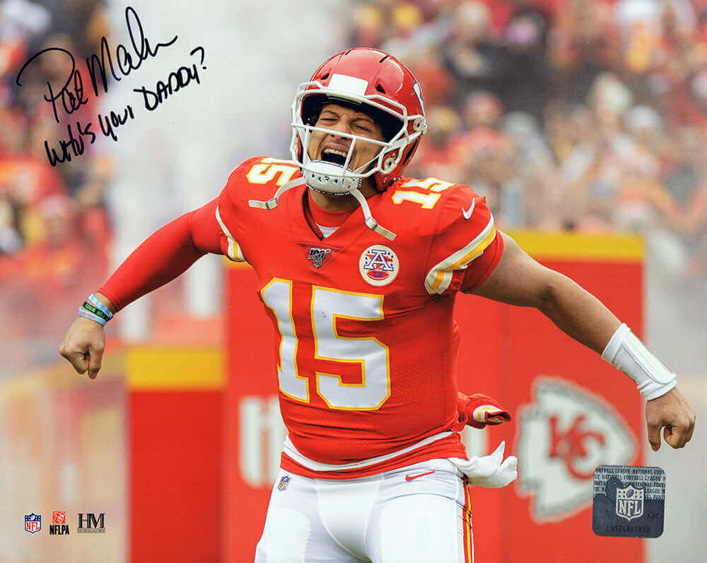 Pat (Patrick) Mahomes Sr. Autographed Kansas City Chiefs Patrick Mahomes Celebration 8x10 Photo with Who's Your Daddy?-Powers Sports Memorabilia
