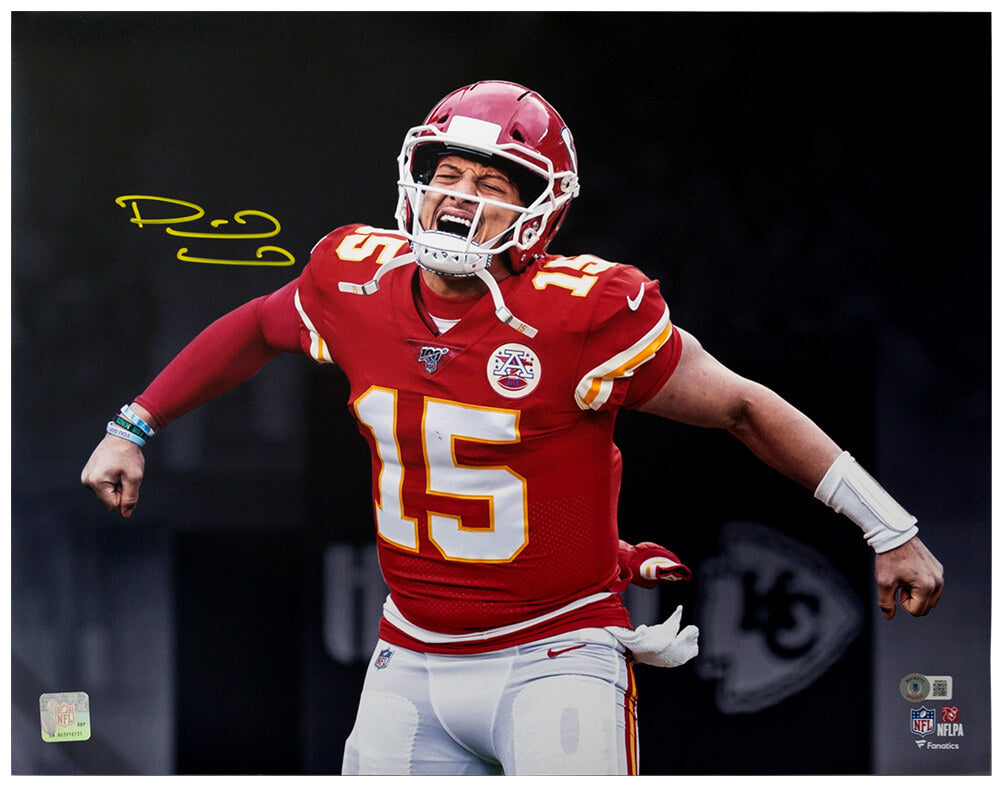 Patrick Mahomes Autographed Kansas City Chiefs Fist Pump Celebration Spotlight 16x20 Photo-Powers Sports Memorabilia