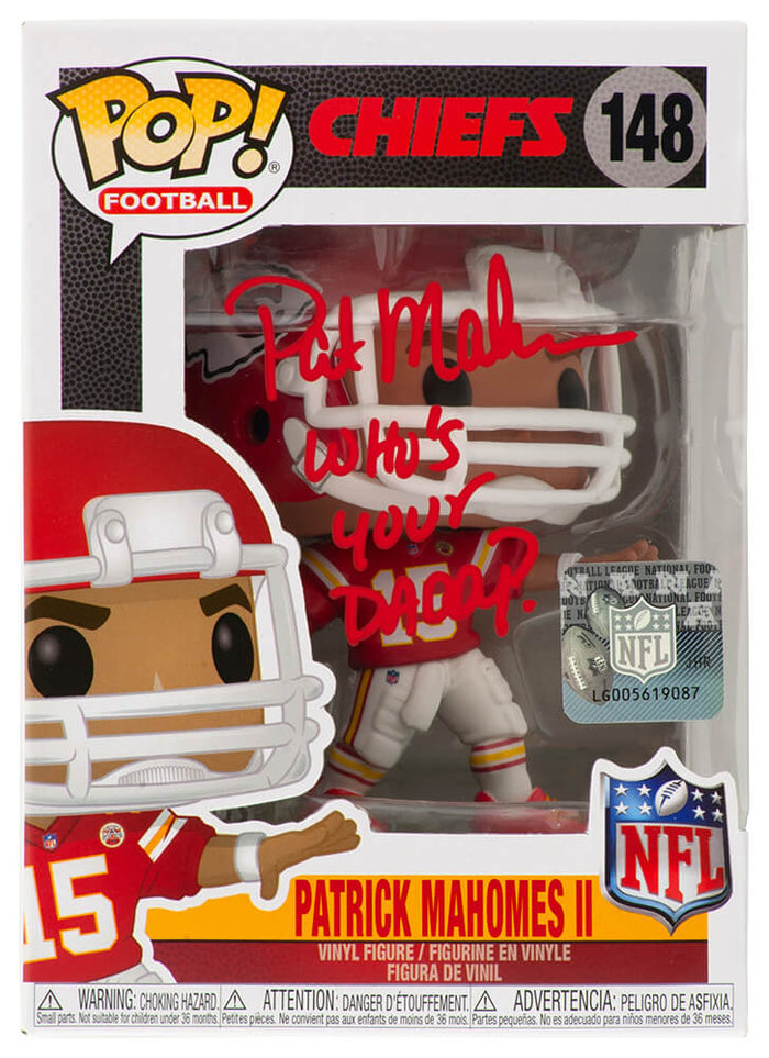 Pat (Patrick) Mahomes Sr. Autographed Chiefs Patrick Mahomes NFL Funko Pop Doll #148 with Who's Your Daddy?-Powers Sports Memorabilia