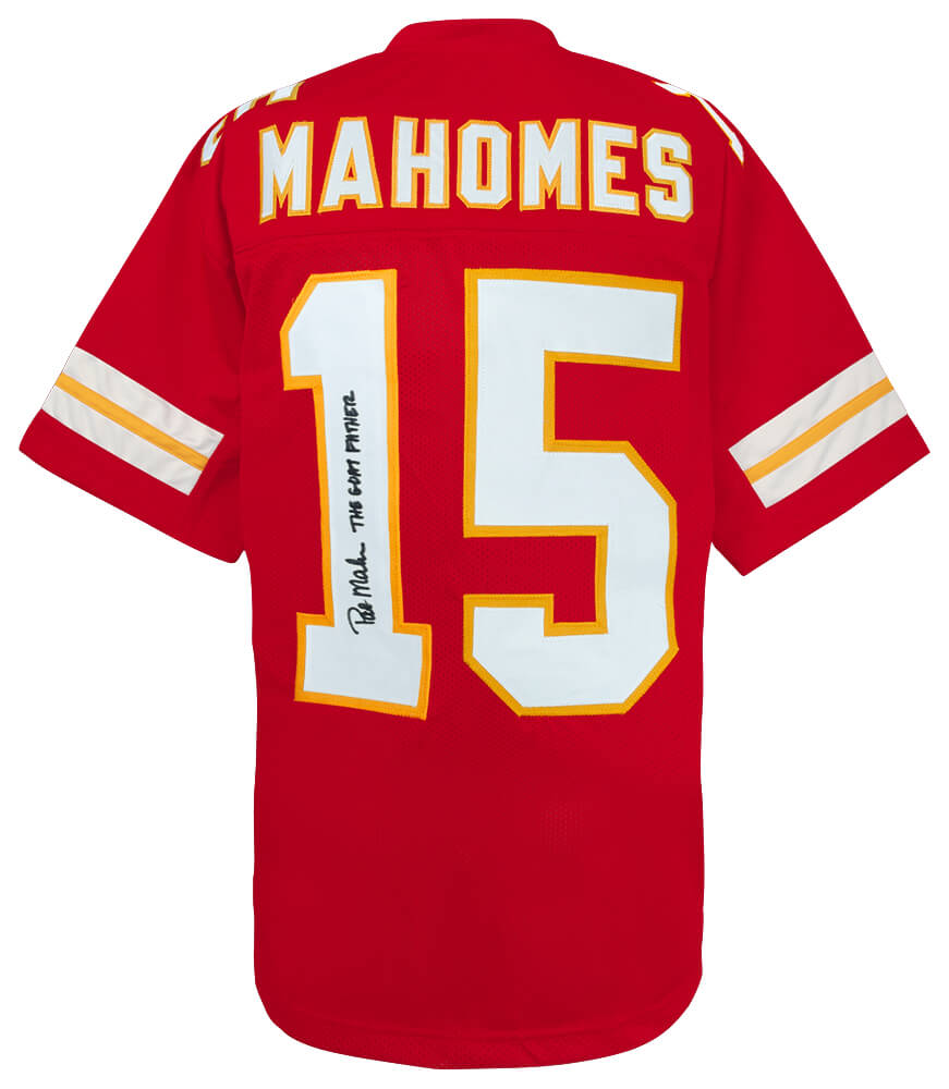 Pat (Patrick) Mahomes Sr. Autographed Red Custom Football Jersey with The Goatfather-Powers Sports Memorabilia