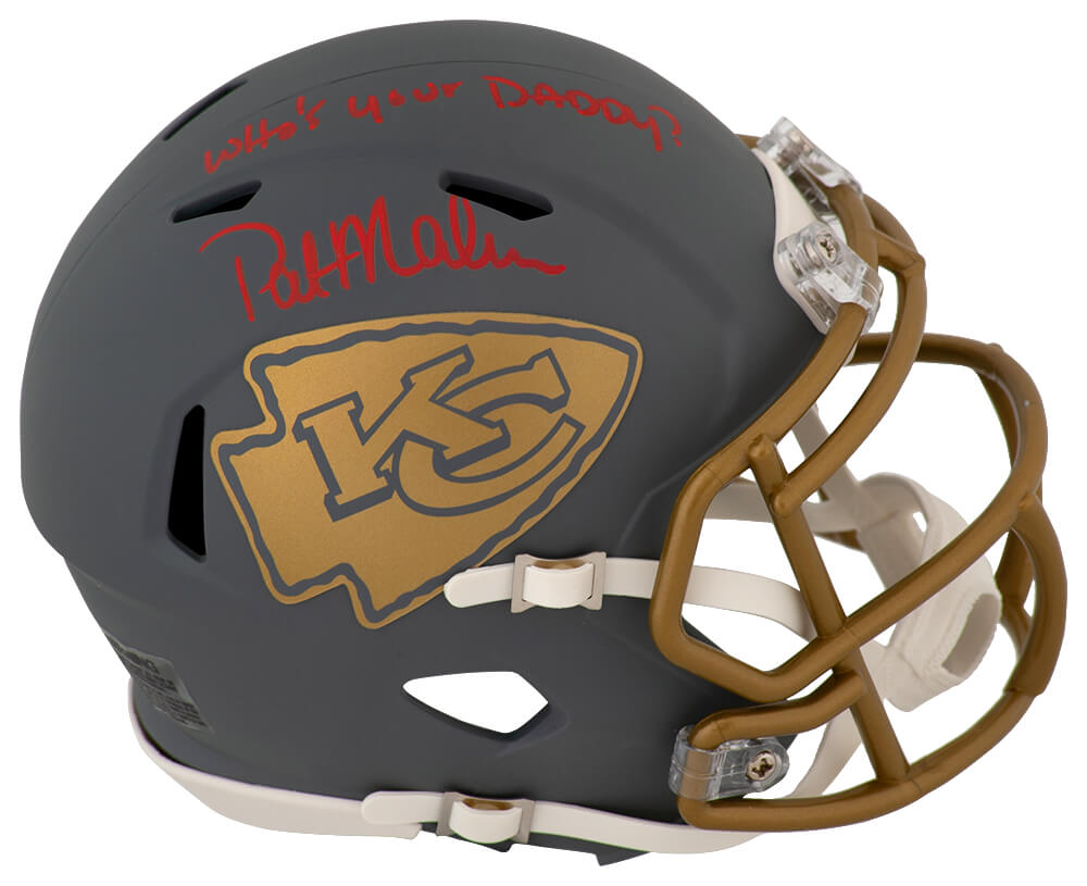 Pat (Patrick) Mahomes Sr. Autographed Kansas City Chiefs SLATE Riddell Speed Mini Helmet with Who's Your Daddy?-Powers Sports Memorabilia