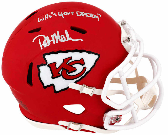 Pat (Patrick) Mahomes Sr. Autographed Chiefs Riddell Speed Mini Helmet with Who's Your Daddy? - (In Silver)-Powers Sports Memorabilia