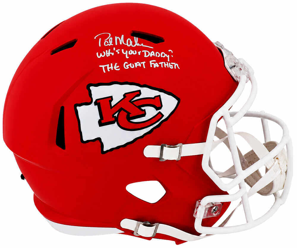 Pat (Patrick) Mahomes Sr. Autographed Chiefs Riddell Full Size Speed Replica Helmet with Who's Your Daddy, Goatfather-Powers Sports Memorabilia