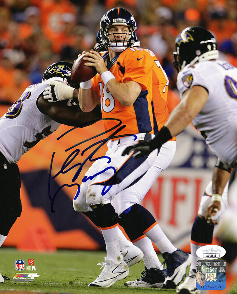 Peyton Manning Autographed Denver Broncos Orange Jersey Action vs Ravens 8x10 Photo-Powers Sports Memorabilia