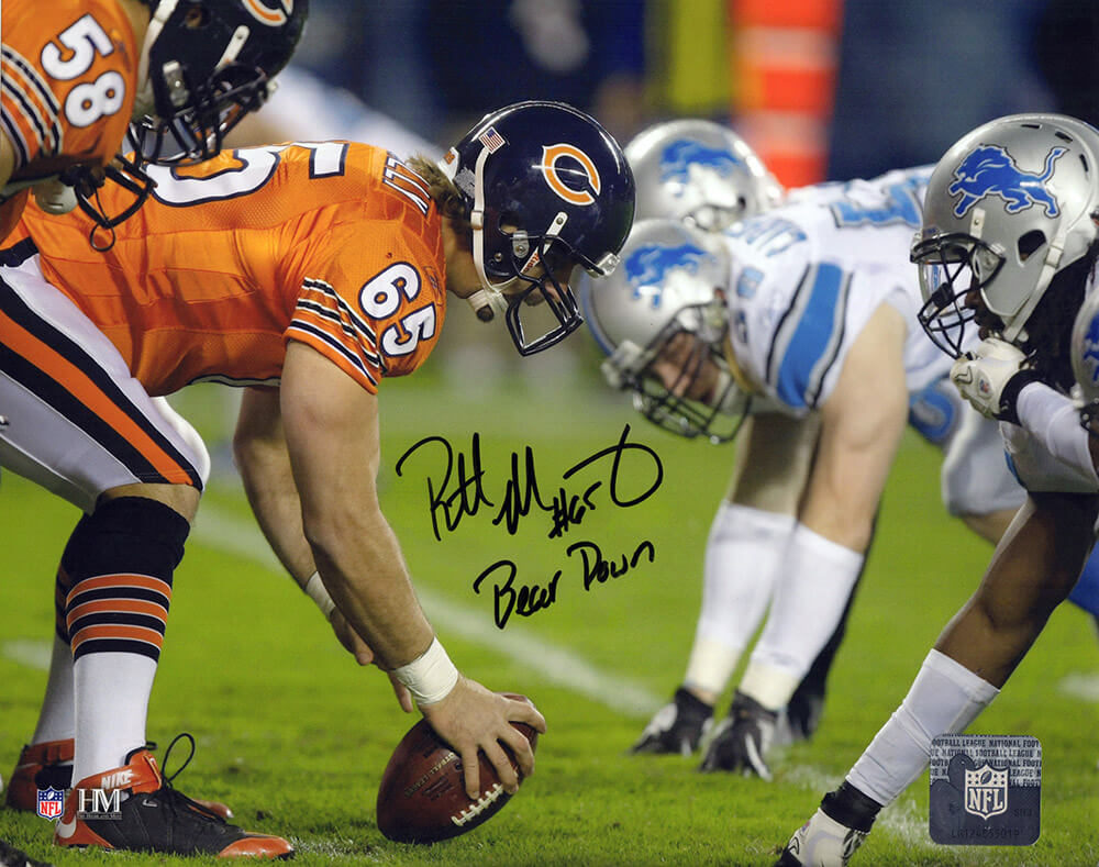Patrick Mannelly Autographed Chicago Bears Long Snap vs Lions 8x10 Photo with Bear Down-Powers Sports Memorabilia