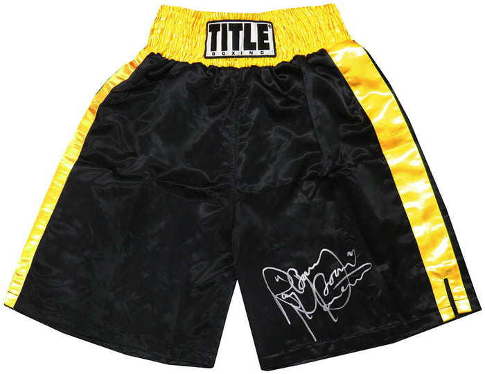 Ray Mancini Autographed Title Black With Gold Waist Boxing Trunks with Boom Boom-Powers Sports Memorabilia