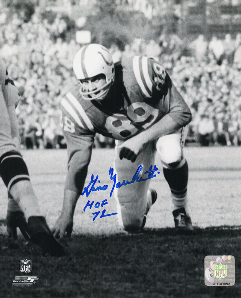 Gino Marchetti Autographed Colts Stance B&W 8x10 Photo with HOF'72-Powers Sports Memorabilia