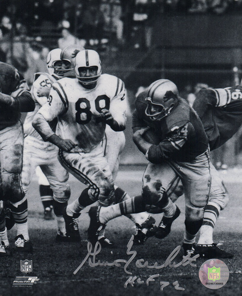 Gino Marchetti Autographed Colts B&W White Jersey Action vs Lions 8x10 Photo with HOF'72-Powers Sports Memorabilia