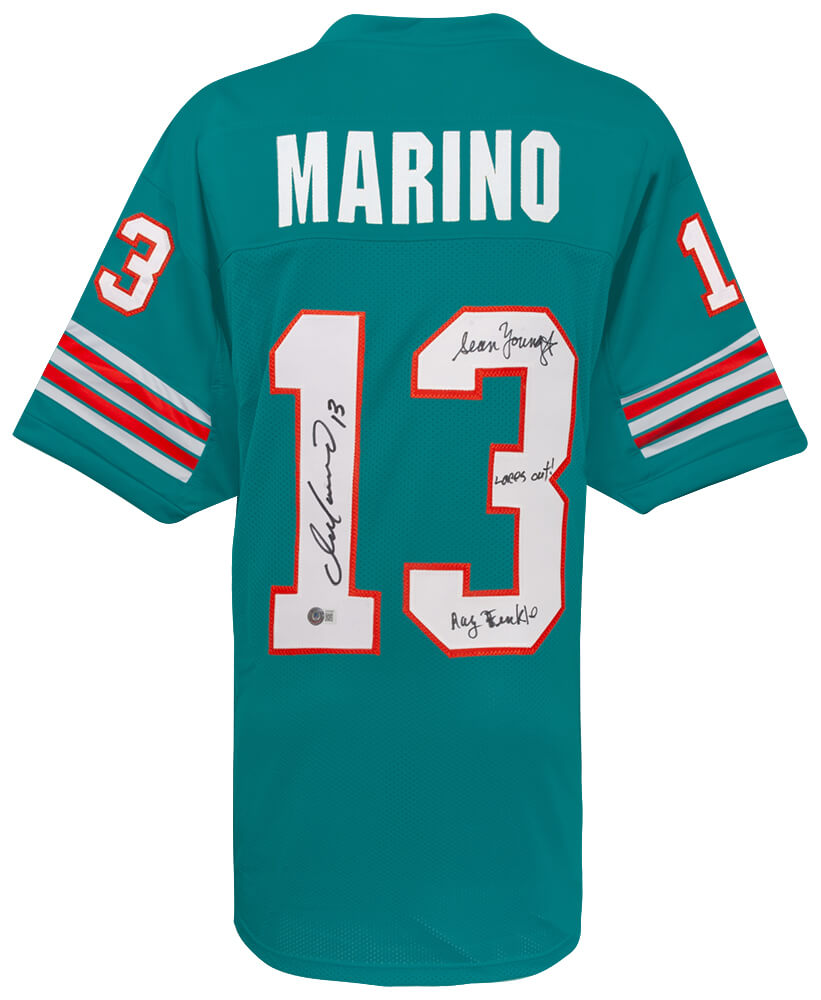 Dan Marino & Sean Young Dual Autographed Teal Custom Football Jersey-Powers Sports Memorabilia