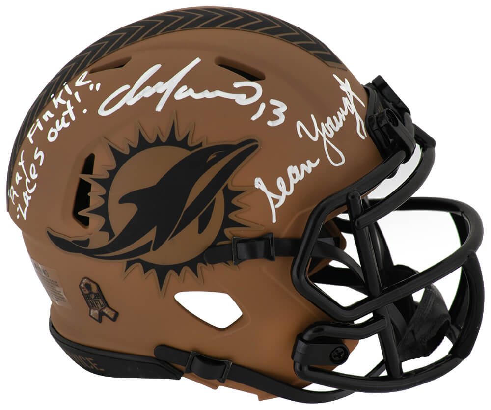 Dan Marino & Sean Young Autographed Miami Dolphins Salute Riddell Speed Mini Helmet with Ray Finkle, Laces Out Dan-Powers Sports Memorabilia