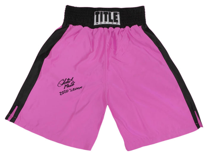 Christy Martin Autographed Title Pink & Black Women's Boxing Trunks with 2020 IB HOF-Powers Sports Memorabilia