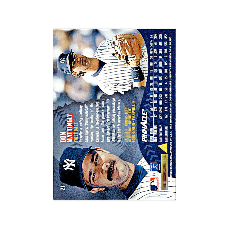 Don Mattingly New York Yankees Signed 1995 Pinnacle #21 Trading Card