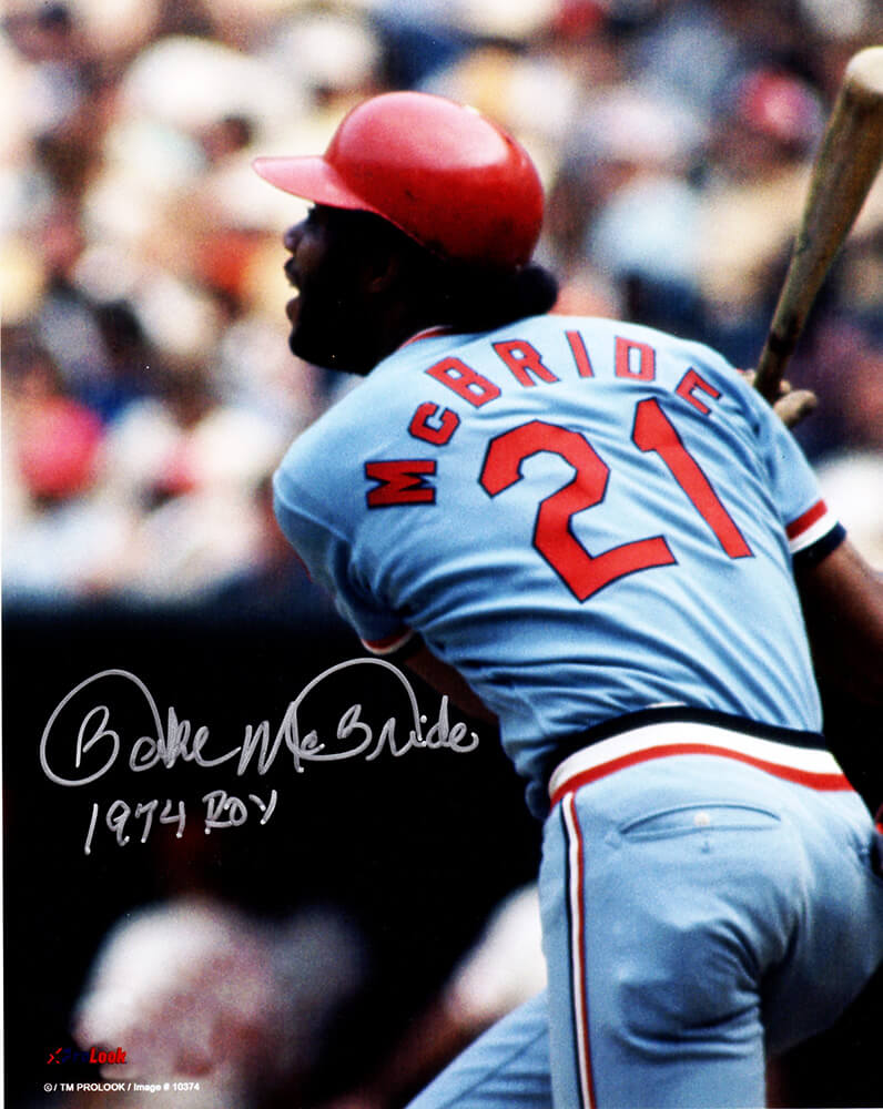 Bake McBride Autographed St Louis Cardinals Action 8x10 Photo with 1974 ROY-Powers Sports Memorabilia