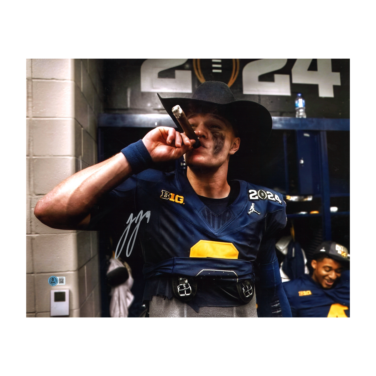 JJ McCarthy University of Michigan Signed Celebrating in Cowboy Hat 16x20 Photo (Beckett Auth)-Powers Sports Memorabilia