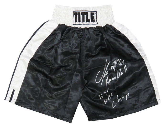 Oliver McCall Autographed Title Black With White Trim Boxing Trunks with Atomic Bull, 94-95 WBC Champ-Powers Sports Memorabilia