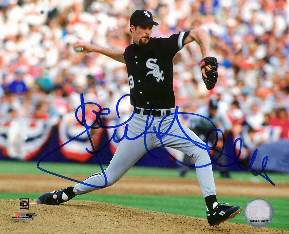 Jack McDowell Autographed Chicago White Sox Black Jersey Pitching Action 8x10 Photo-Powers Sports Memorabilia