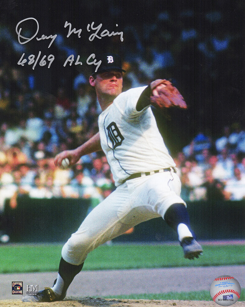 Denny McLain Autographed Detroit Tigers Pitching 8x10 Photo with 68, 69 AL CY-Powers Sports Memorabilia