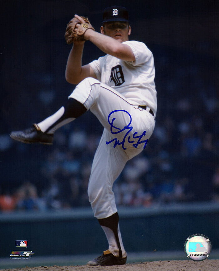 Denny McLain Autographed Detroit Tigers White Jersey Wind Up Pitching 8x10 Photo-Powers Sports Memorabilia