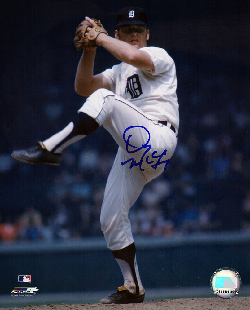Denny McLain Autographed Detroit Tigers White Jersey Wind Up Pitching 8x10 Photo-Powers Sports Memorabilia