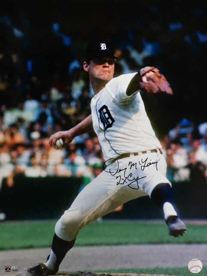 Denny McLain Autographed Detroit Tigers White Jersey Pitching Action 16x20 with 2x CY-Powers Sports Memorabilia