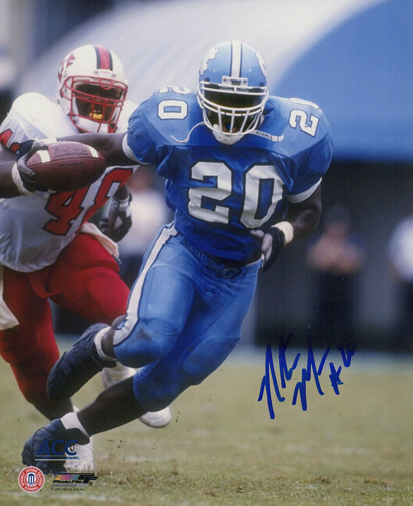 Natrone Means Autographed North Carolina Tar Heels Blue Jersey Action 8x10 Photo-Powers Sports Memorabilia