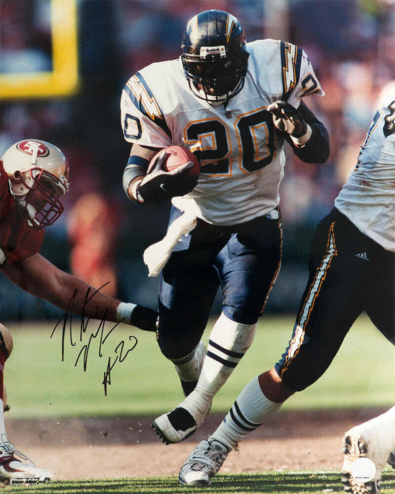 Natrone Means Autographed Chargers White Jersey With Football vs 49ers Action 16x20 Photo-Powers Sports Memorabilia