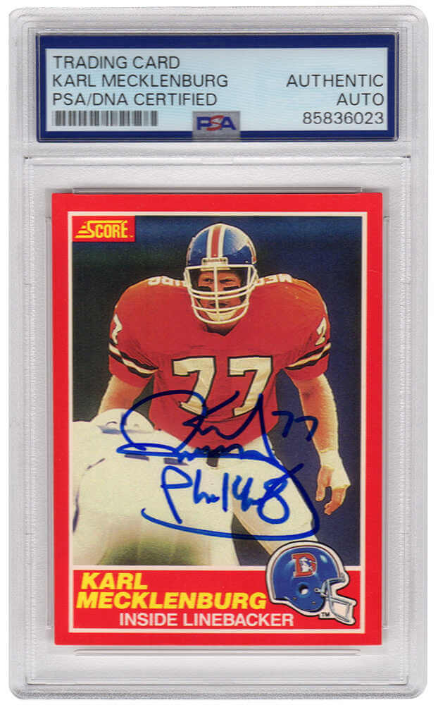 Karl Mecklenburg Autographed Denver Broncos 1989 Score Football Trading Card #174 - (PSA Encapsulated)-Powers Sports Memorabilia