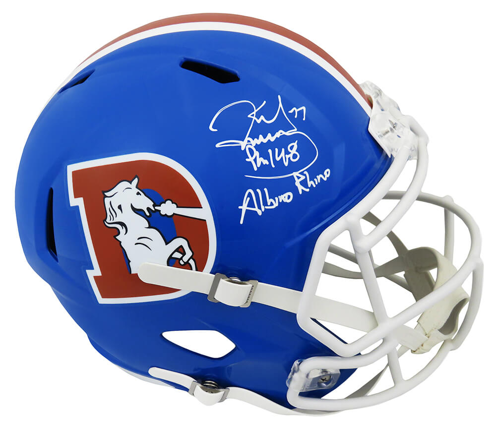 Karl Mecklenburg Autographed Denver Broncos Throwback Riddell Full Size Speed Replica Helmet with Albino Rhino-Powers Sports Memorabilia