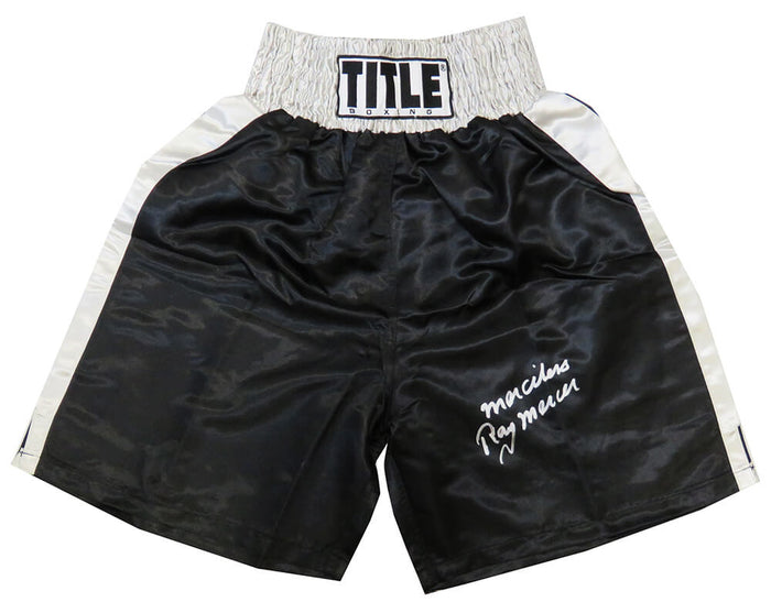 Ray Mercer Autographed Title Black With Silver Waist Boxing Trunks with Merciless-Powers Sports Memorabilia