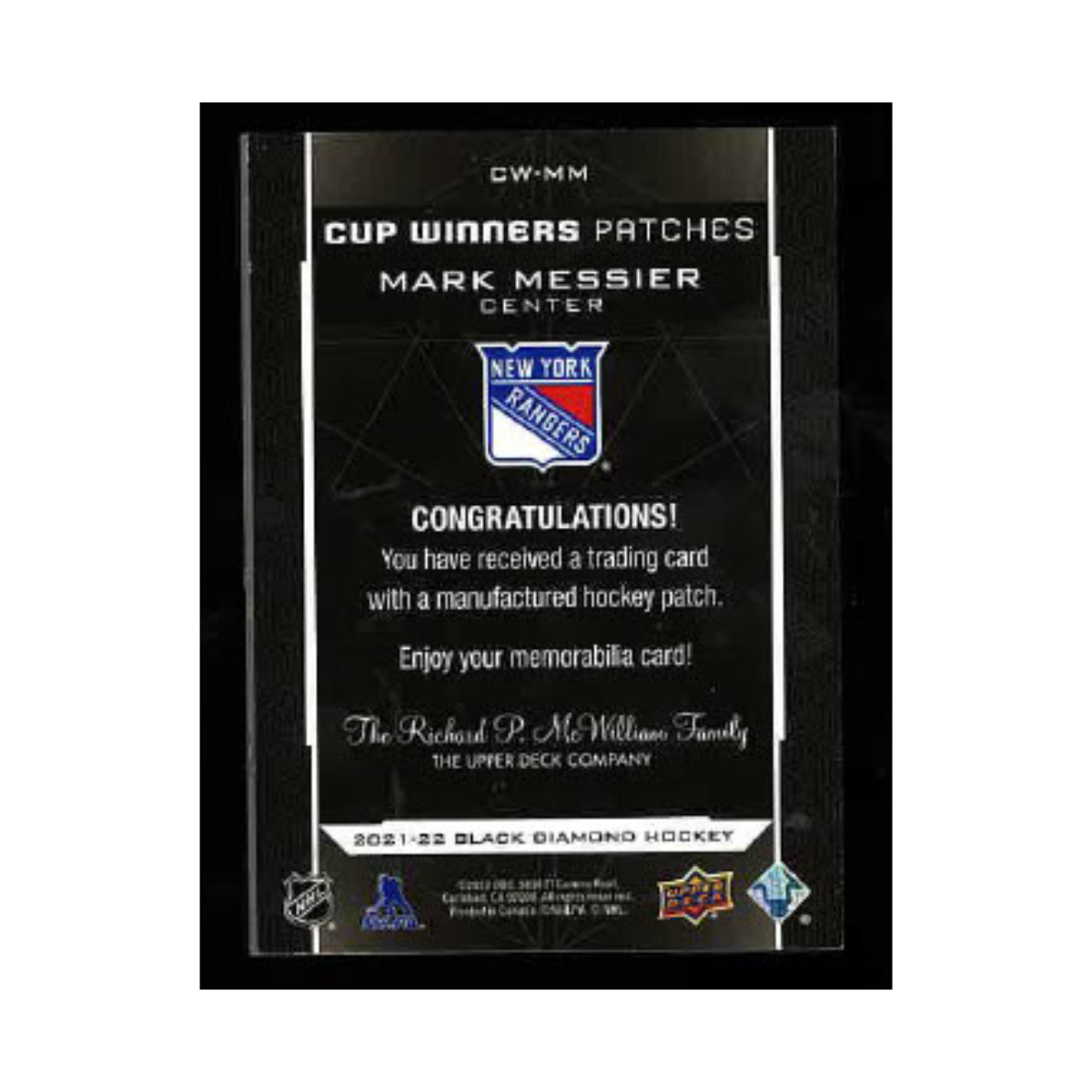 Mark Messier New York Rangers Signed 2021-22 UDA Black Diamond Patch CW-MM Card-Powers Sports Memorabilia