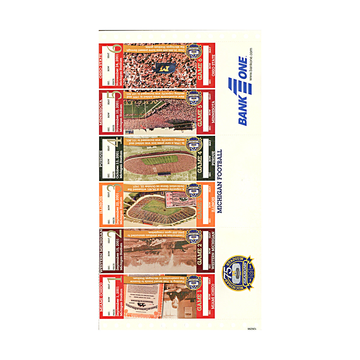 University of Michigan 2001 Home Season Ticket Strip RARE-Powers Sports Memorabilia