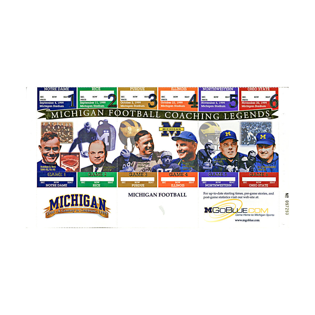 University of Michigan 1999 Home Season Ticket Strip Tom Brady Team MVP-Powers Sports Memorabilia
