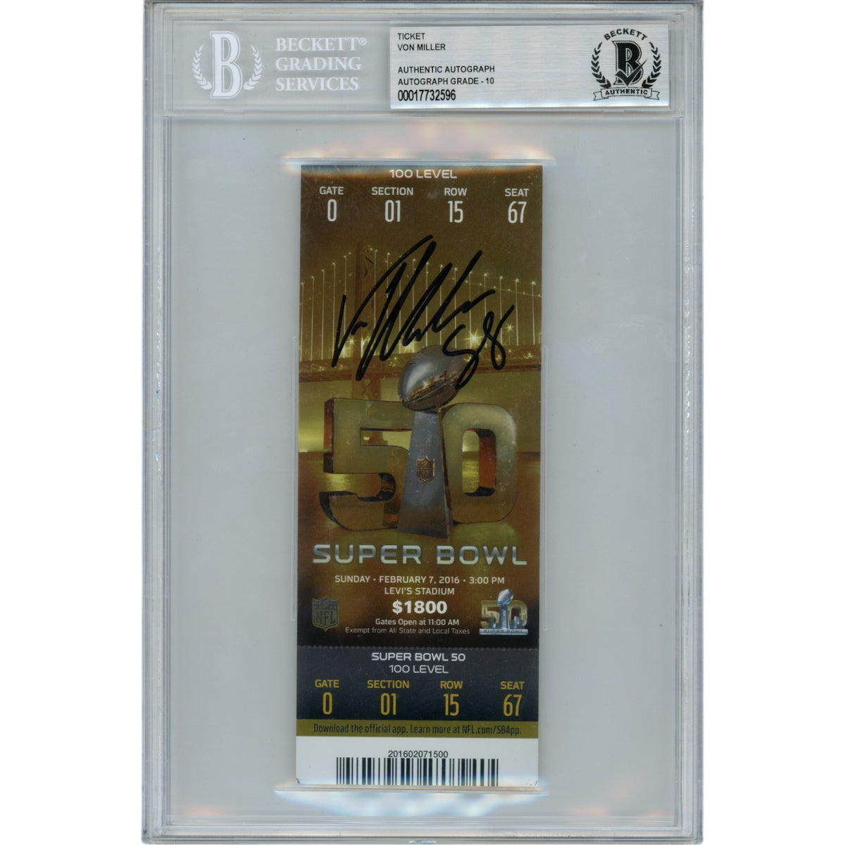 Von Miller Denver Broncos Signed Card - Super Bowl 50 Ticket Stub SB MVP Slab Beckett Beckett-Powers Sports Memorabilia