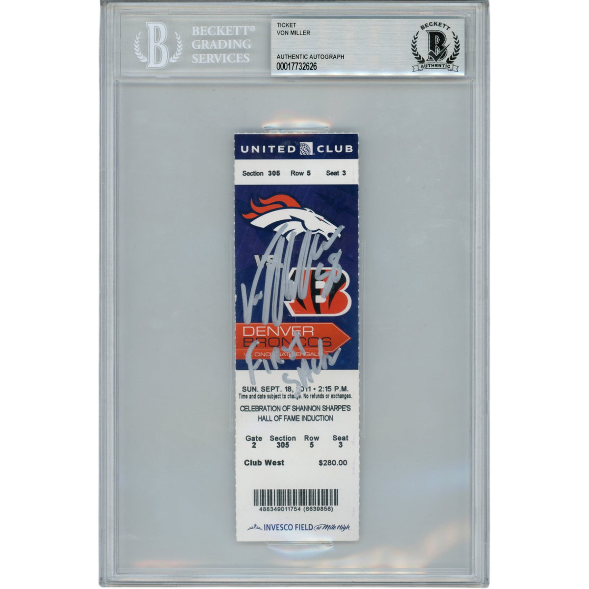 Von Miller Denver Broncos Signed Card - Ticket Stub 09/18/01 Slab 1st NFL Sack Beckett Beckett-Powers Sports Memorabilia