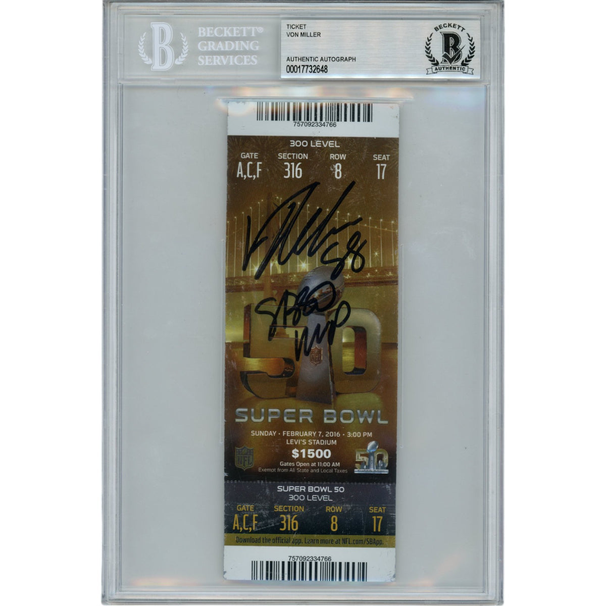 Von Miller Denver Broncos Signed Card - Super Bowl 50 Ticket Stub SB MVP Slab Beckett Beckett - 48688-Powers Sports Memorabilia