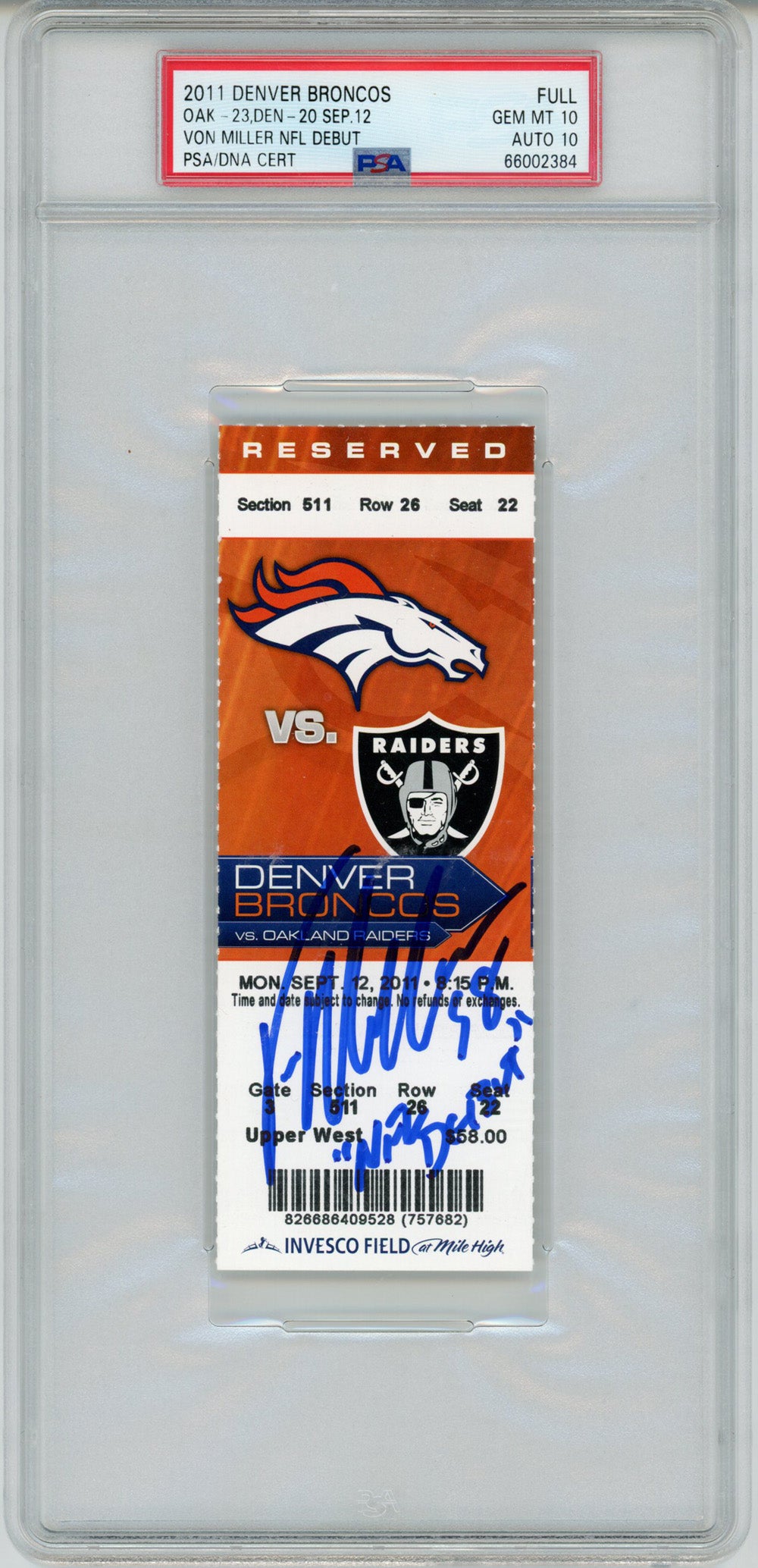 Von Miller Denver Broncos Signed Card - 9/12/2011 Ticket w/NFL Debut Grade 10 PSA 10 Slab PSA-Powers Sports Memorabilia