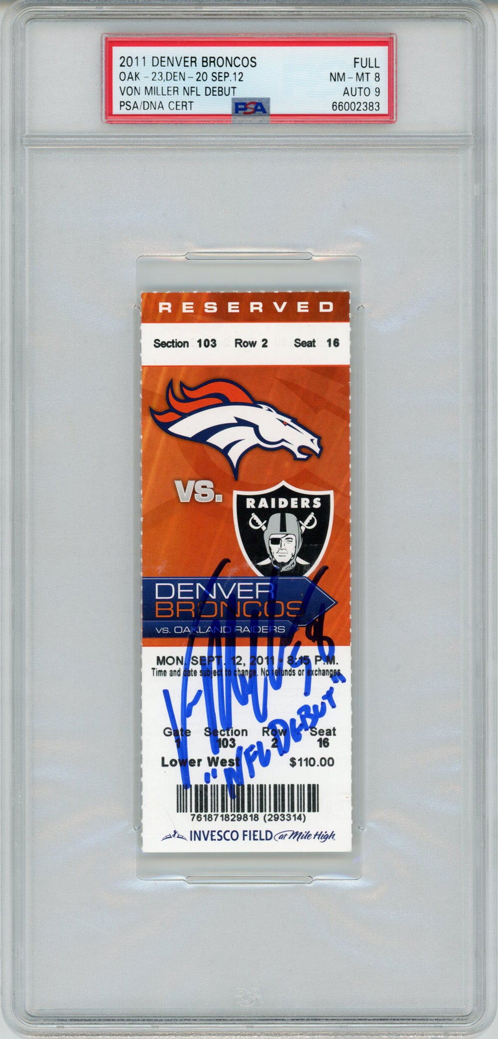 Von Miller Denver Broncos Signed Card - 9/12/2011 Ticket w/NFL Debut Grade 8 PSA 9 Slab PSA-Powers Sports Memorabilia