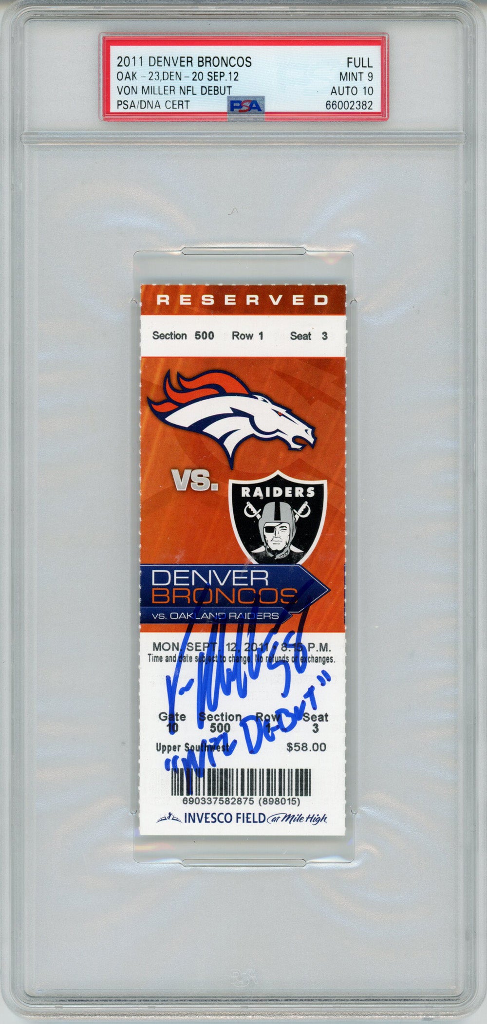 Von Miller Denver Broncos Signed Card - 9/12/2011 Ticket w/NFL Debut Grade 9 PSA 10 Slab PSA-Powers Sports Memorabilia