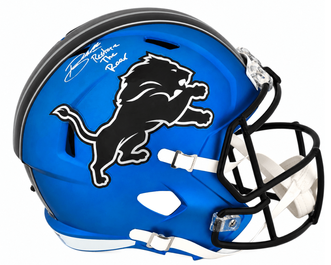 Blake Miller Autographed Detroit Lions 2024 Alternate Blue Riddell Full Size Speed Replica Helmet with Restore the Roar-Powers Sports Memorabilia