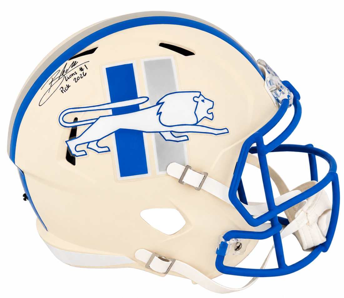 Blake Miller Autographed Detroit Lions RETRO Riddell Full Size Speed Replica Helmet with Lions #1 Pick 2026-Powers Sports Memorabilia