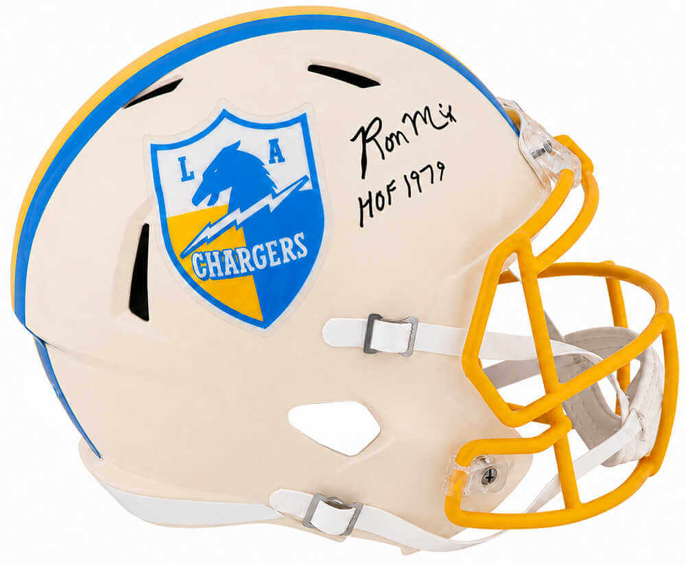 Ron Mix Autographed Chargers RETRO Riddell Full Size Speed Replica Helmet with HOF'79-Powers Sports Memorabilia