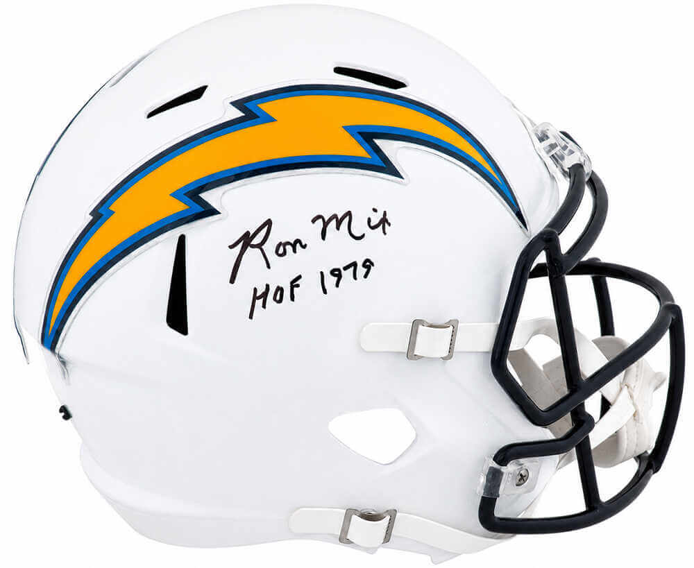 Ron Mix Autographed Chargers T/B White (07-18 Style) Riddell Full Size Speed Replica Helmet with HOF'79-Powers Sports Memorabilia