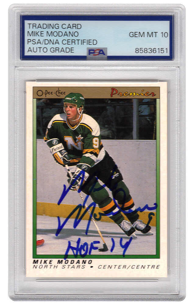 Mike Modano Autographed North Stars 1990-91 O-Pee-Chee Premier Hockey Rookie Card #74 with HOF'14 - (PSA Encapsulated - Auto Grade 10)-Powers Sports Memorabilia