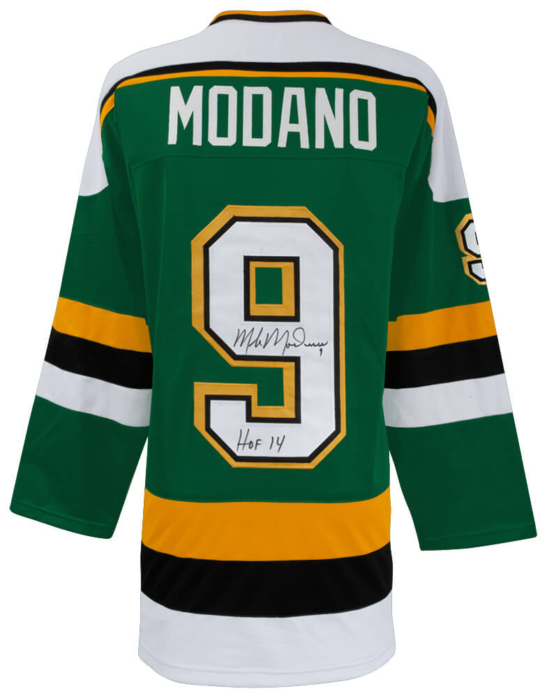 Mike Modano Autographed Green Custom Hockey Jersey with HOF'14-Powers Sports Memorabilia